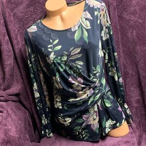 Ellen Tracy Black Floral Twist long Skeeve Blouse L